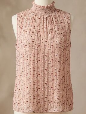 Pleated Mock-Neck Sleeveless Top - Blush Floral